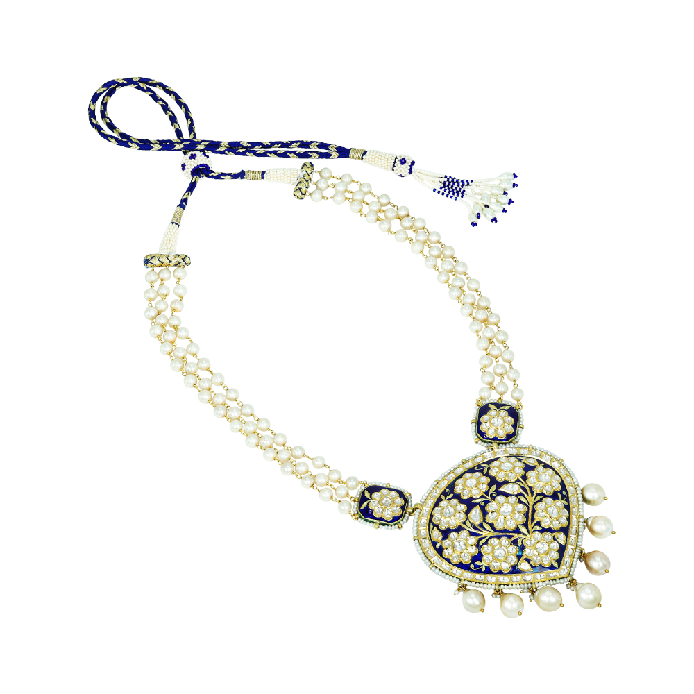 Pearl Strand Necklace with Blue Meena Polki Floral Pendant